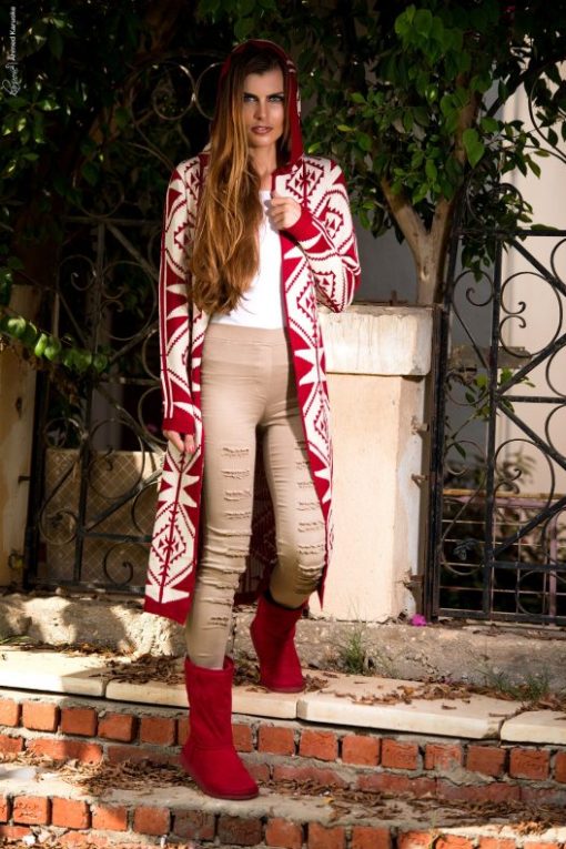 Red Hooded Long Cardigan