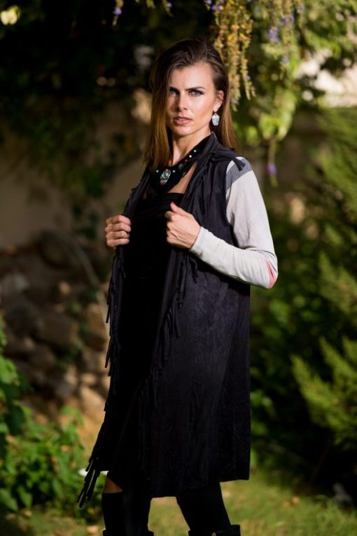 Suede Fringe Plaid Sleeve Cardigan - Image 3
