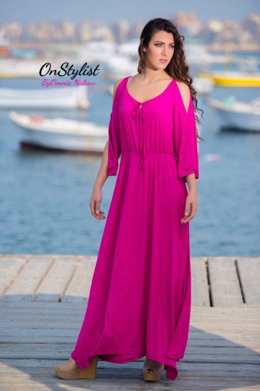 Fuchsia Viscous Off Shoulder Maxi Dress