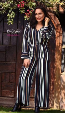 Sleeves Navy Striped Jumpsuit