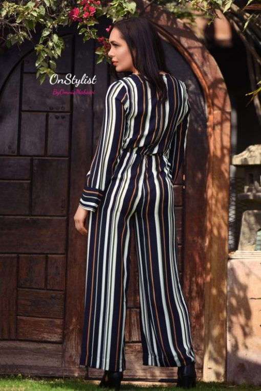 Sleeves Navy Striped Jumpsuit - Image 2