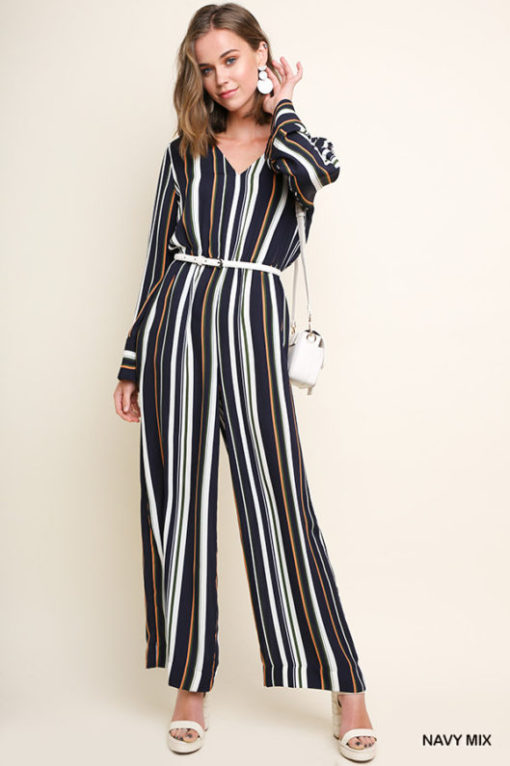 Sleeves Navy Striped Jumpsuit - Image 3