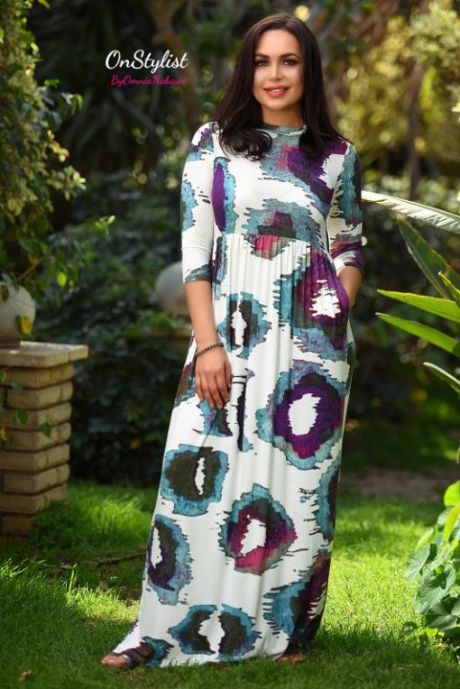 3/4 White Sleeves Patched Maxi Dress - Image 2
