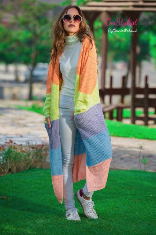 Rainbow Block Long Sweater Cardigan - Image 4