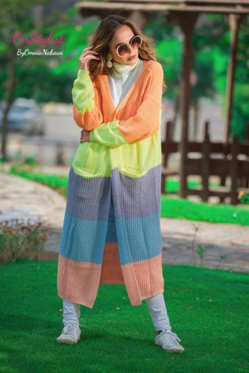 Rainbow Block Long Sweater Cardigan - Image 2