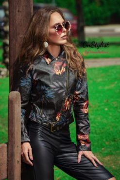 FAUX LEATHER MOTO JACKET WITH FLORAL PRINT