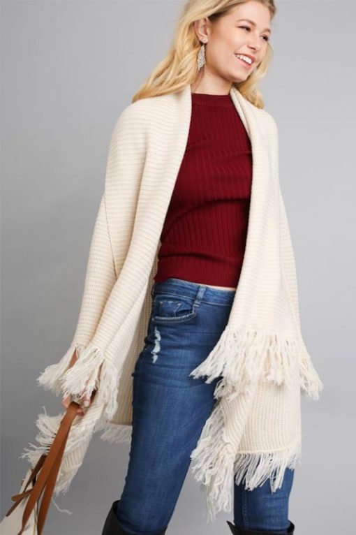 Cream Open Front Sweater With Fringe Details