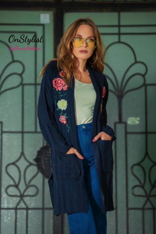Long Cardigan With Embroidery & Pockets