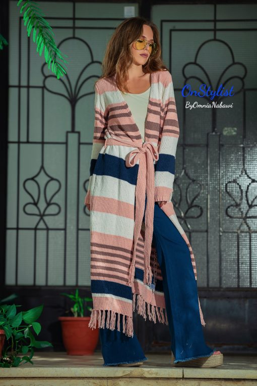 Long Striped Belted Cardigan - Image 4