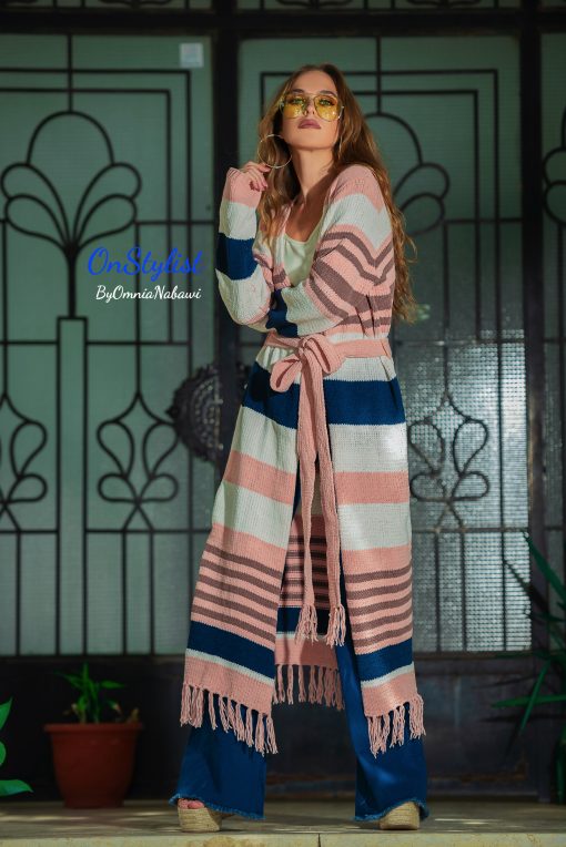 Long Striped Belted Cardigan - Image 3