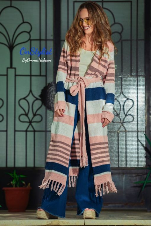 Long Striped Belted Cardigan