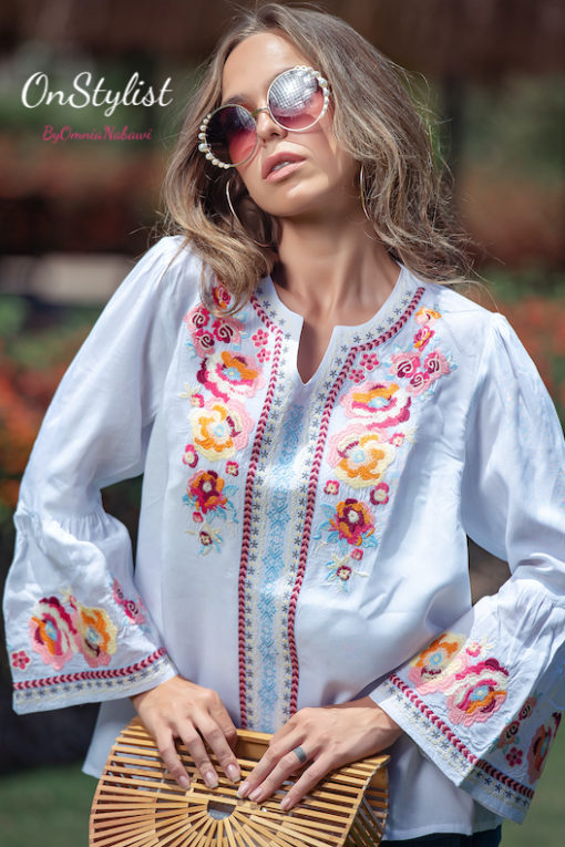 White Embroidery Sleeves Blouse - Image 2