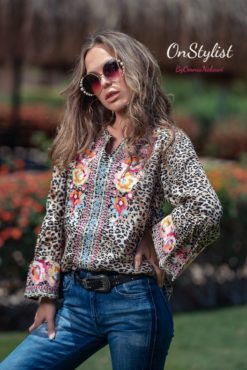 Leopard Embroidery Sleeves Blouse