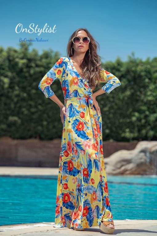 Yellow Print Sleeves Maxi Dress