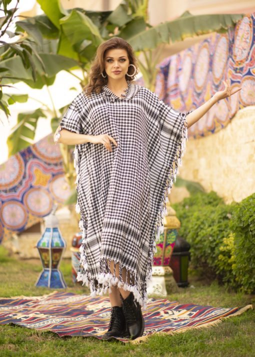 Hooded Pashmina Black And White Kaftan - Image 2