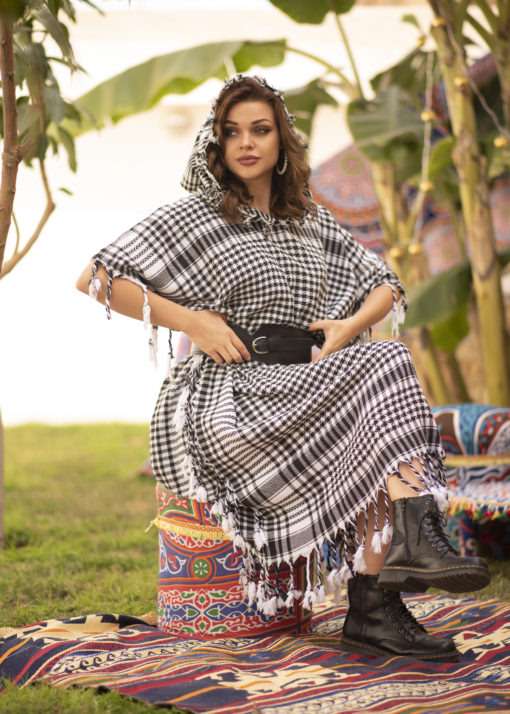 Hooded Pashmina Black And White Kaftan - Image 3