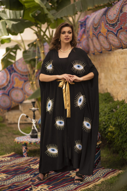 Evil Eye Embroidered Black Kaftan - Image 4