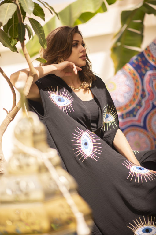 Evil Eye Embroidered Black Kaftan