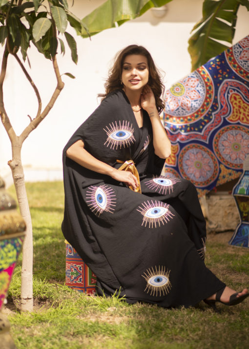 Evil Eye Embroidered Black Kaftan - Image 2