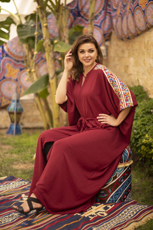 Burgundy Embroidery Shoulder Kaftan