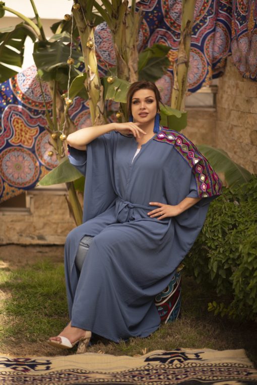 Belted Embriodery Shoulder Blue Kaftan - Image 3