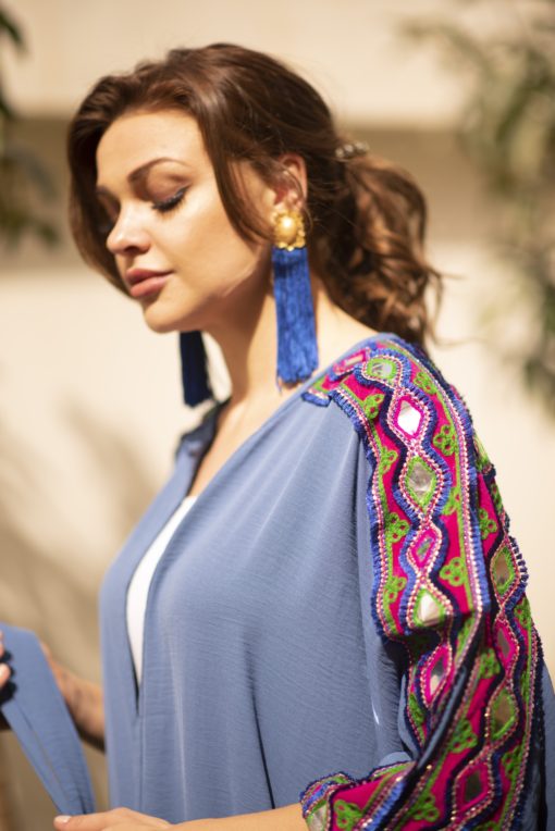 Belted Embriodery Shoulder Blue Kaftan