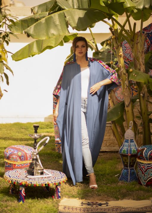 Belted Embriodery Shoulder Blue Kaftan - Image 2