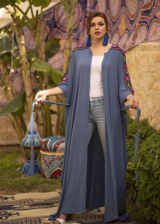 Belted Embriodery Shoulder Blue Kaftan - Image 4