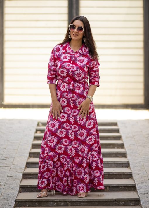 Fuchia Floral Maxi Sleeves Dress - Image 2