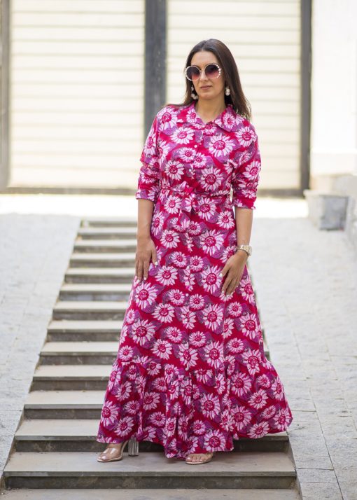 Fuchia Floral Maxi Sleeves Dress