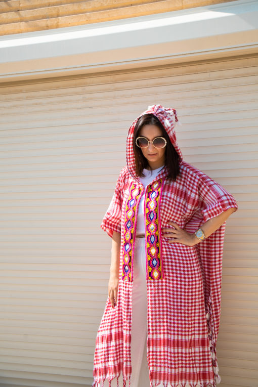 Hooded Red Plaid Cardigan With Embroidery