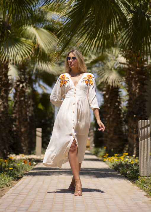 Embroidery Midi Off-White Dress - Image 3