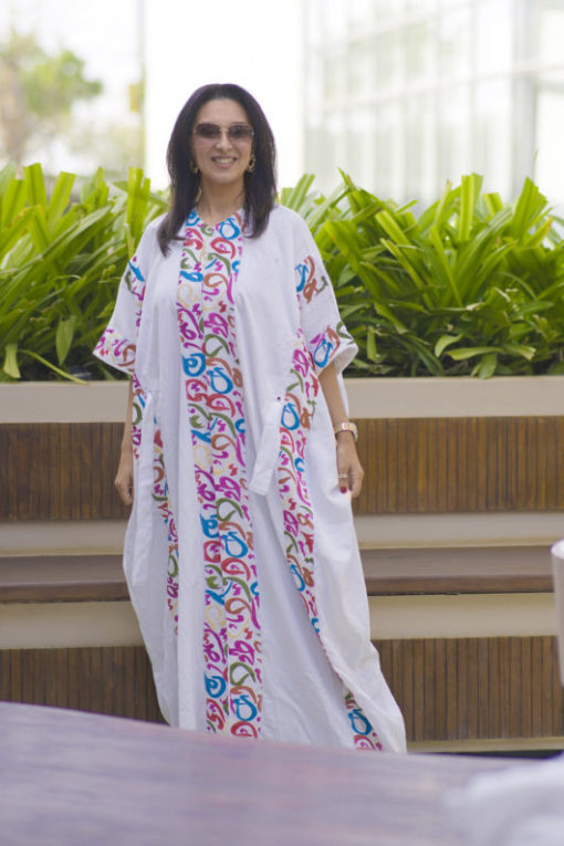 White Arabic Colored Letters Kaftan